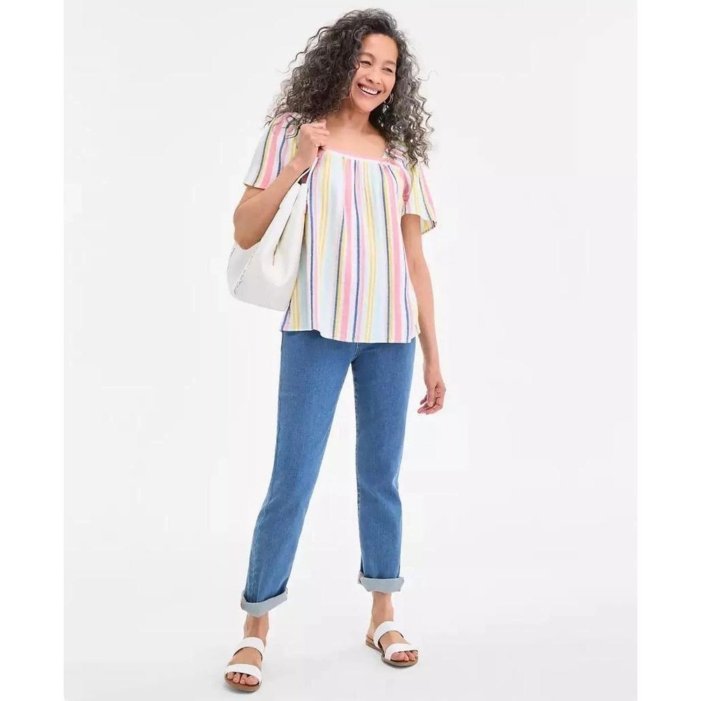 Style & Co Striped Gauze Top Womens PM Multi Color Square Neck Flutter Sleeve
